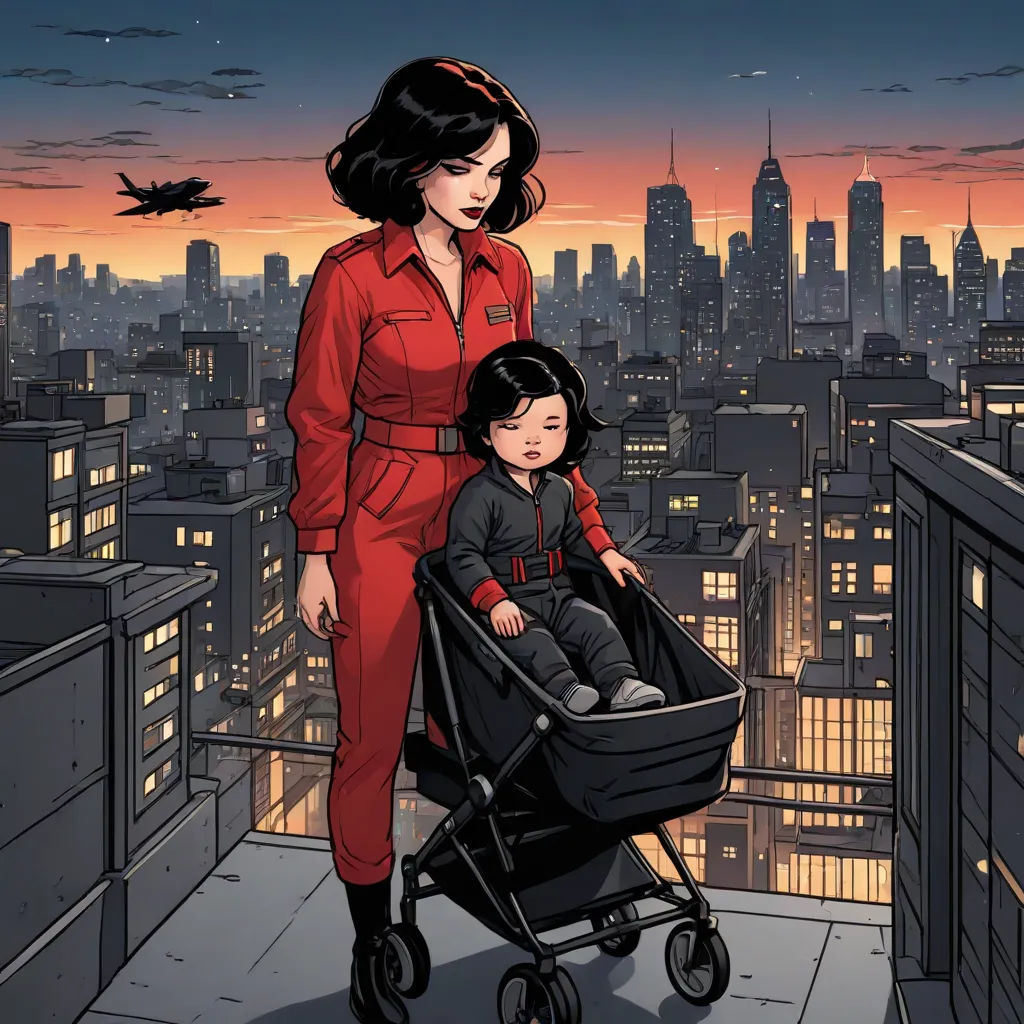 a woman and a child are standing on a roof top with a city skyline in the background at sunset, retrofuturism, a comic book panel, Asaf Hanuka, yukito kishiro