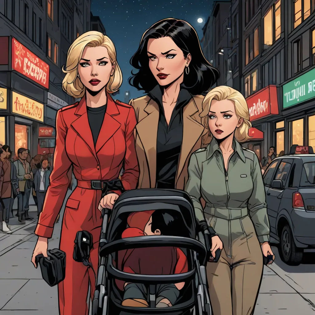 a woman and two women walking down a street with a baby in a stroller in front of a store, private press, a comic book panel, Everett Warner, comic cover art