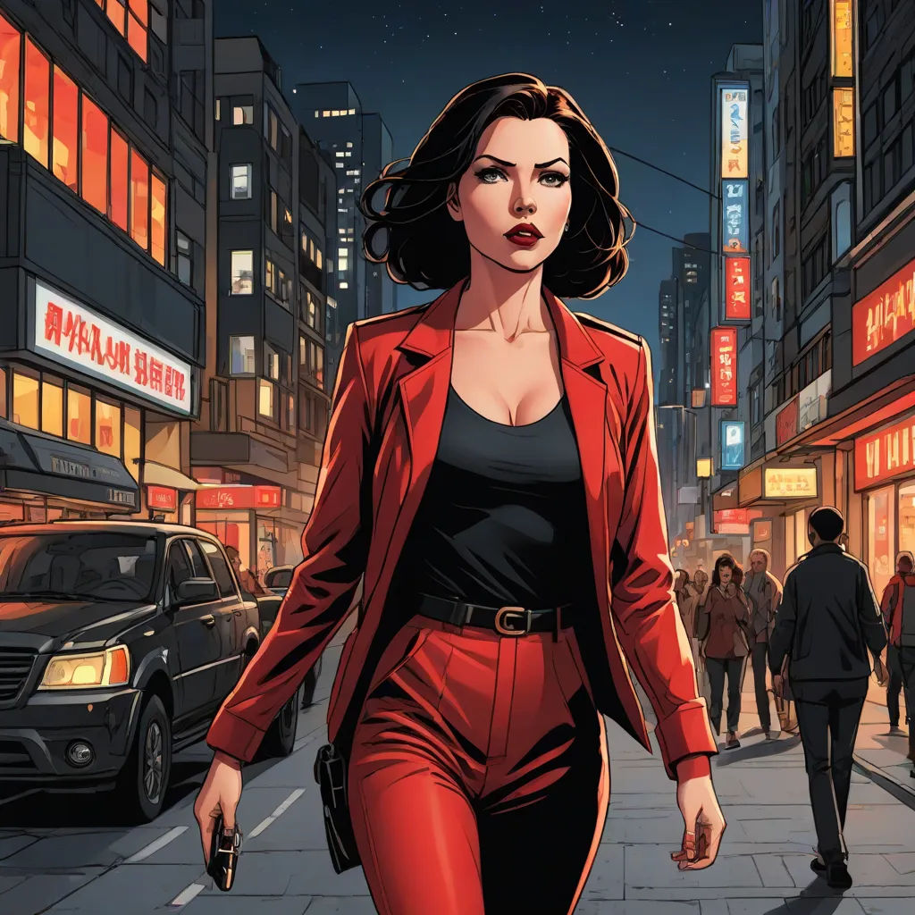 a woman in a red suit walking down a street at night with a gun in her hand and a man in a suit walking behind her, private press, a comic book panel, Clarice Beckett, comic cover art