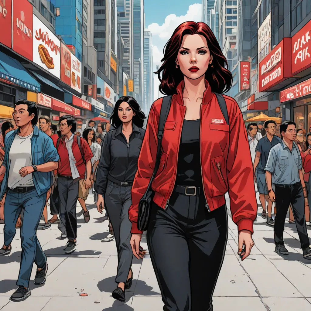 a woman walking down a street in a red jacket and black pants with a red shirt on her shoulders, digital art, a comic book panel, Artgerm, marvel comics