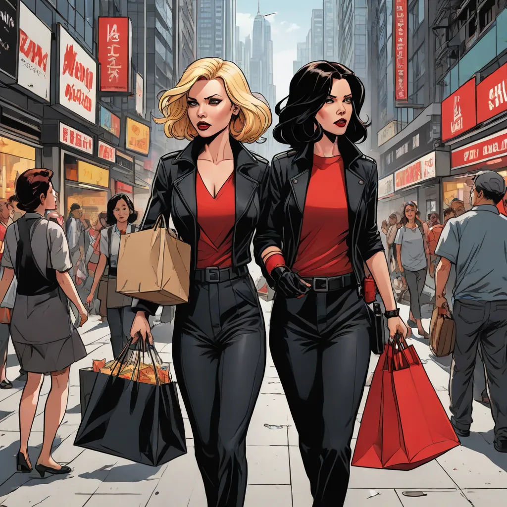 two women walking down a street holding shopping bags and shopping bags in their hands, with a city in the background, panfuturism, a comic book panel, Brothers Hildebrandt, comic cover art