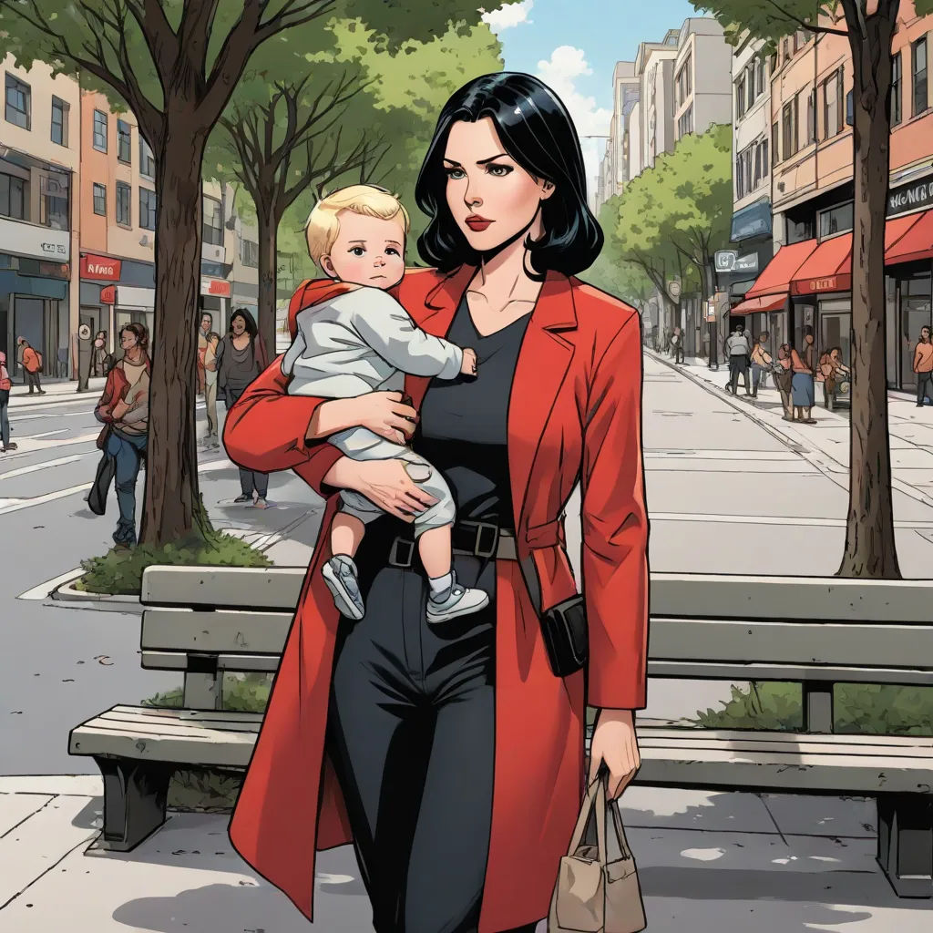 a woman holding a baby in her arms while walking down a street with a bench in the background and people walking on the sidewalk, altermodern, a comic book panel, Eve Ryder, comic cover art