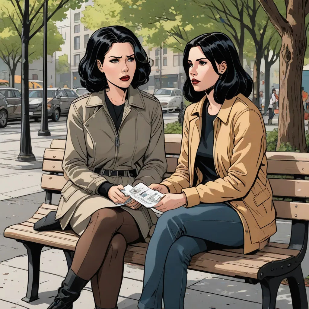 two women sitting on a bench in a park, one reading a paper and the other reading a magazine, serial art, a comic book panel, Ada Gladys Killins, comic book