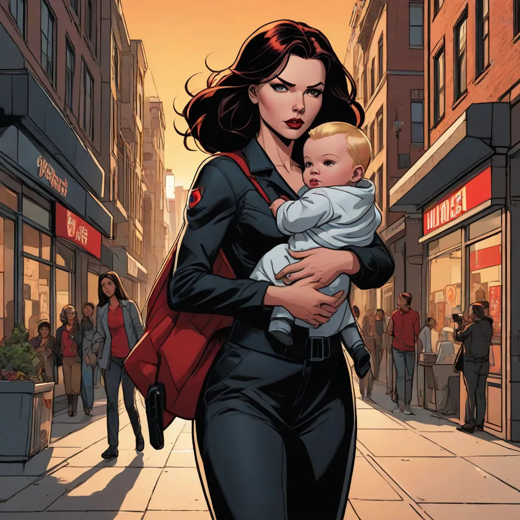 a woman in a black suit holding a baby in her arms on a city street at sunset time with people walking by, panfuturism, a comic book panel, Aramenta Dianthe Vail, marvel comics