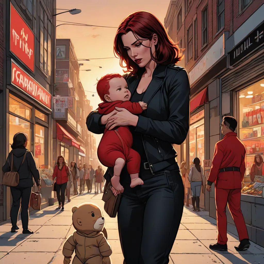 a woman holding a baby in her arms while walking down a street with a teddy bear in her lap, fantastic realism, a comic book panel, Anthony Palumbo, comic cover art
