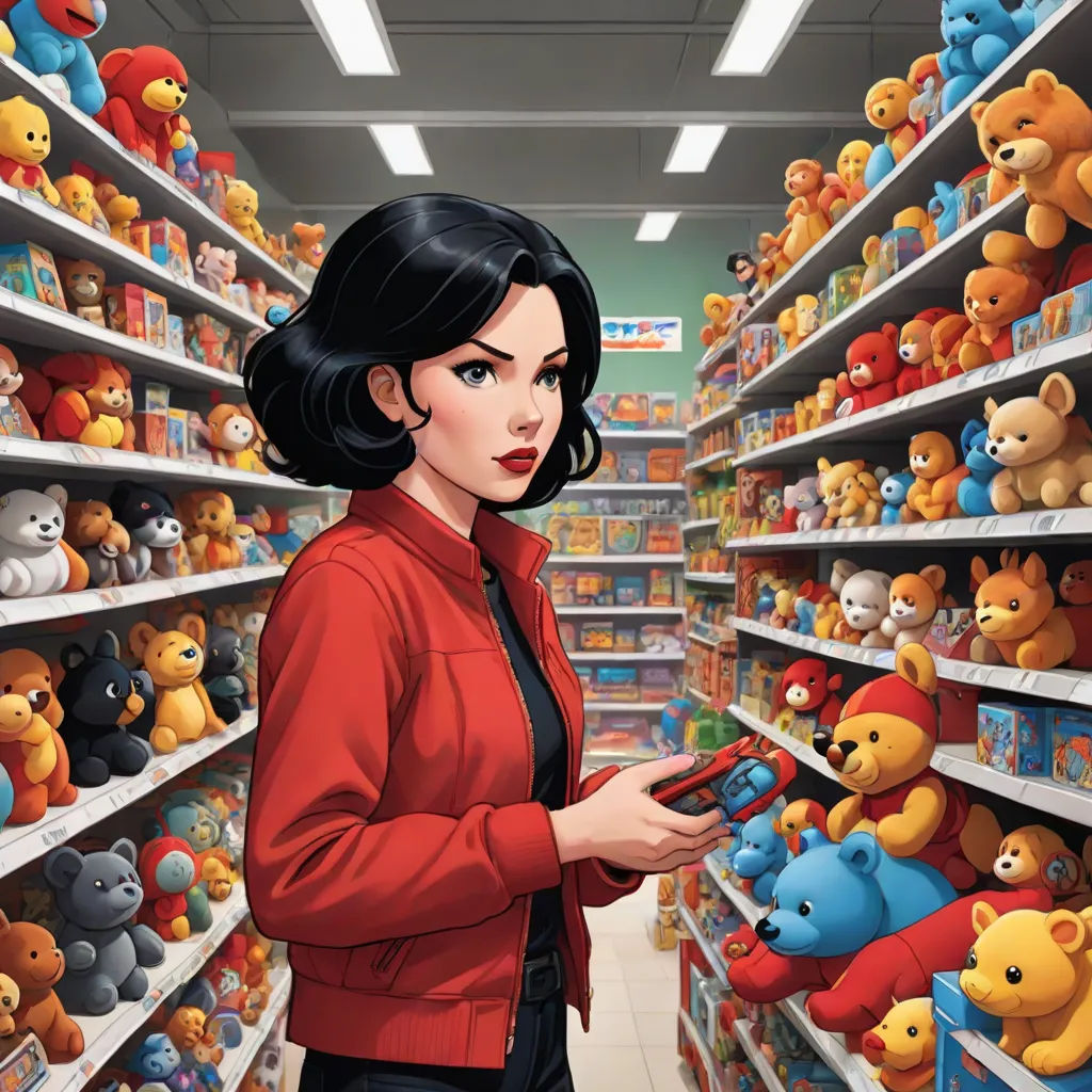 a woman is looking at a cell phone in a store aisle with stuffed animals on shelves behind her and a wall of shelves of teddy bears, serial art, a comic book panel, Artgerm, kinkade