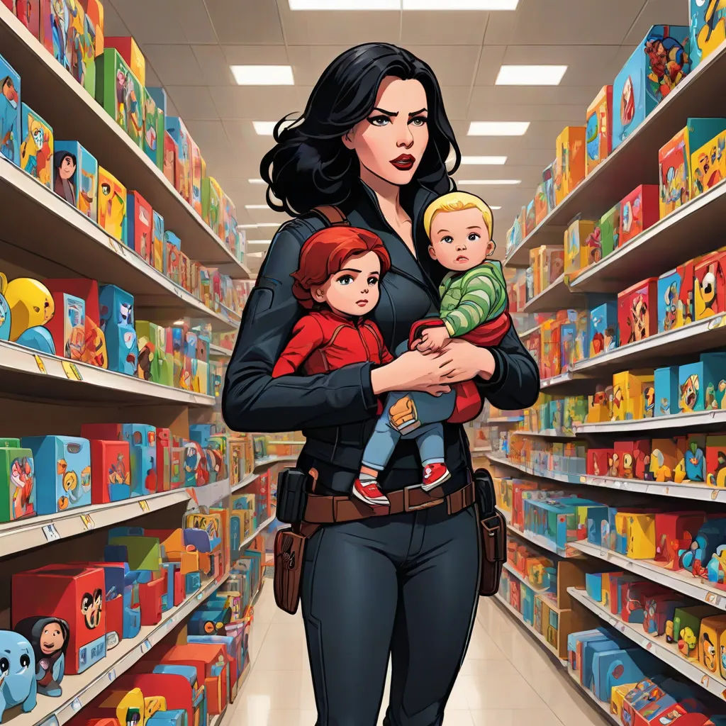 a woman holding a baby in a store aisle with shelves of toys behind her and a baby in her arms, remodernism, a comic book panel, Eve Ryder, marvel comics