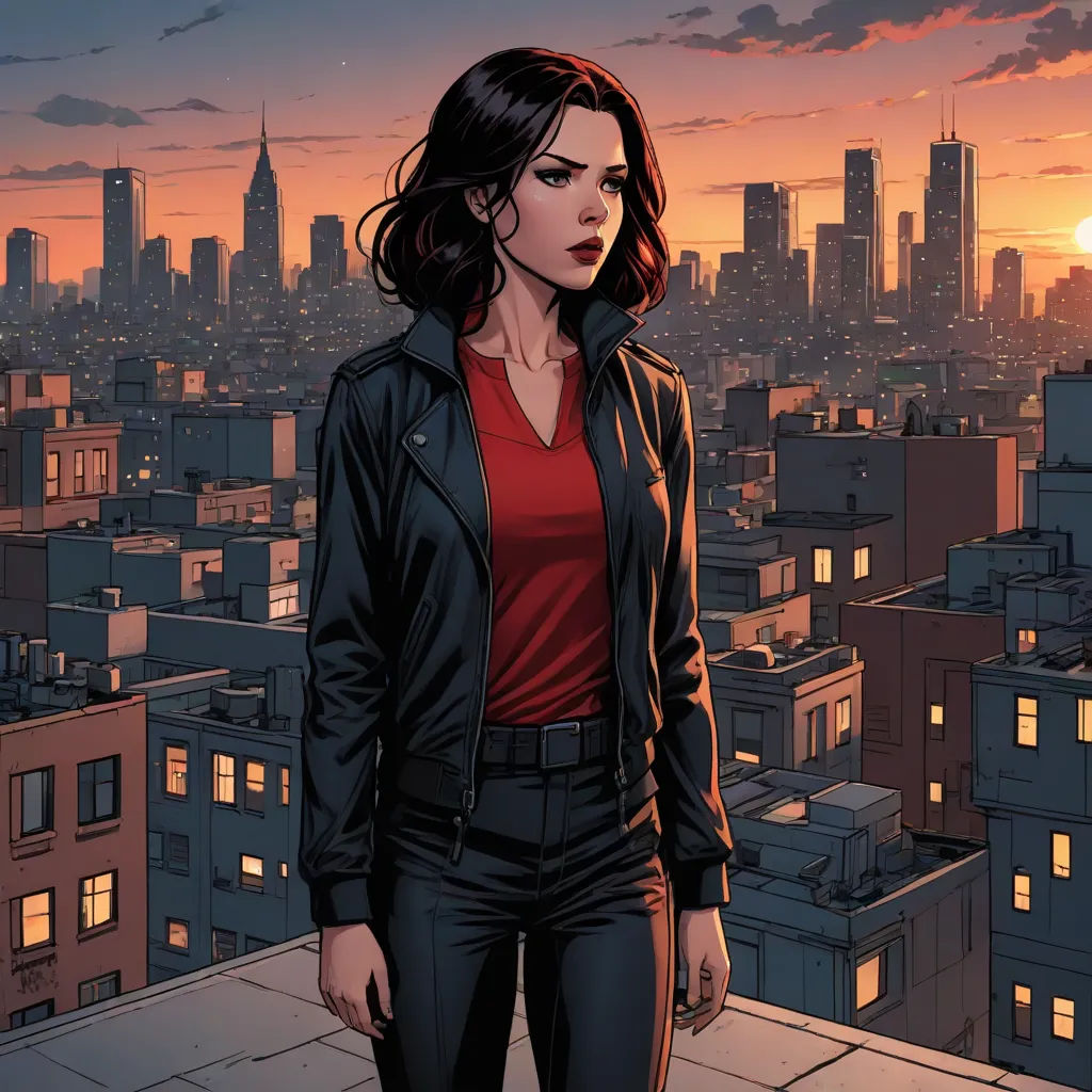 a woman standing on top of a roof in front of a city skyline at sunset with a red shirt, private press, a comic book panel, Eve Ryder, comic cover art
