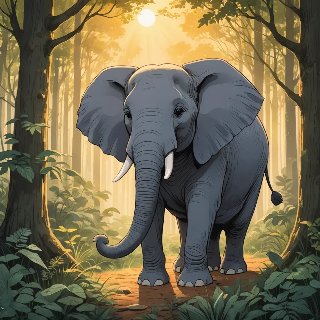 an elephant standing in the middle of a forest with trees and sun shining through the trees behind it,, sumatraism, a storybook illustration, Chris LaBrooy, official art