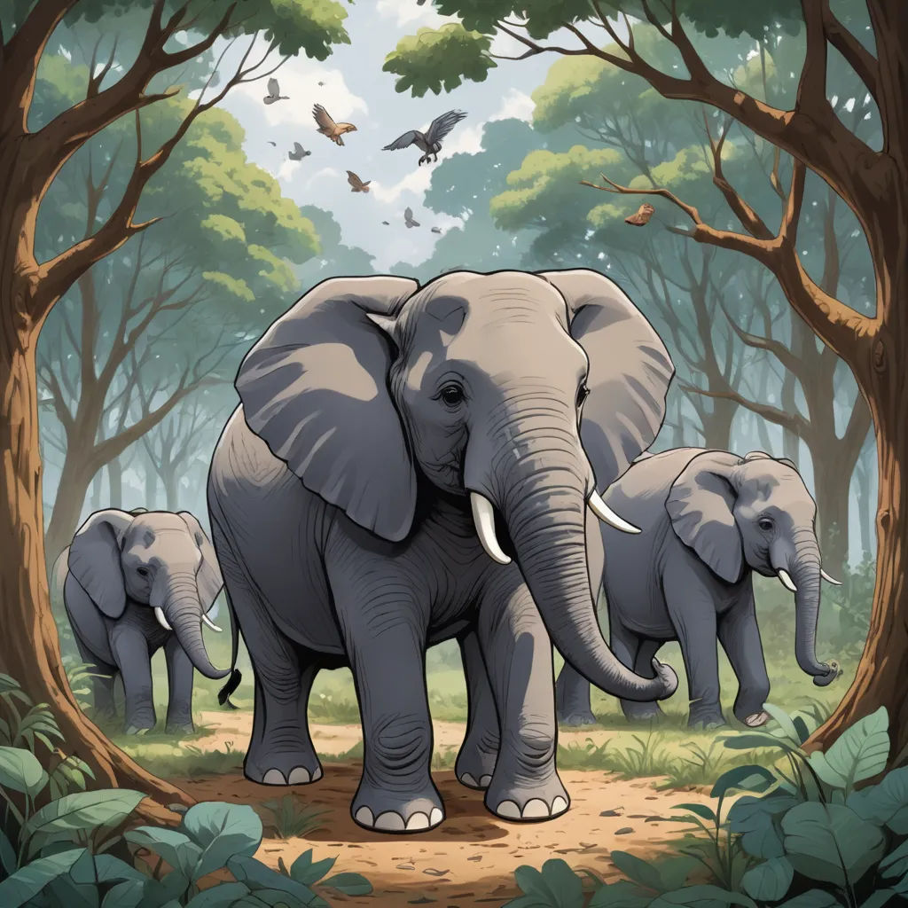 a group of elephants walking through a forest filled with trees and birds flying overhead, with a bird flying above them, sumatraism, a storybook illustration, Chris LaBrooy, detailed illustration
