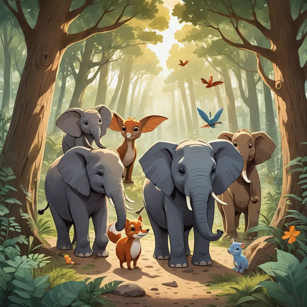 a group of elephants standing in a forest with a baby fox and a baby deer in front of them, sots art, a storybook illustration, Chris LaBrooy, promotional image