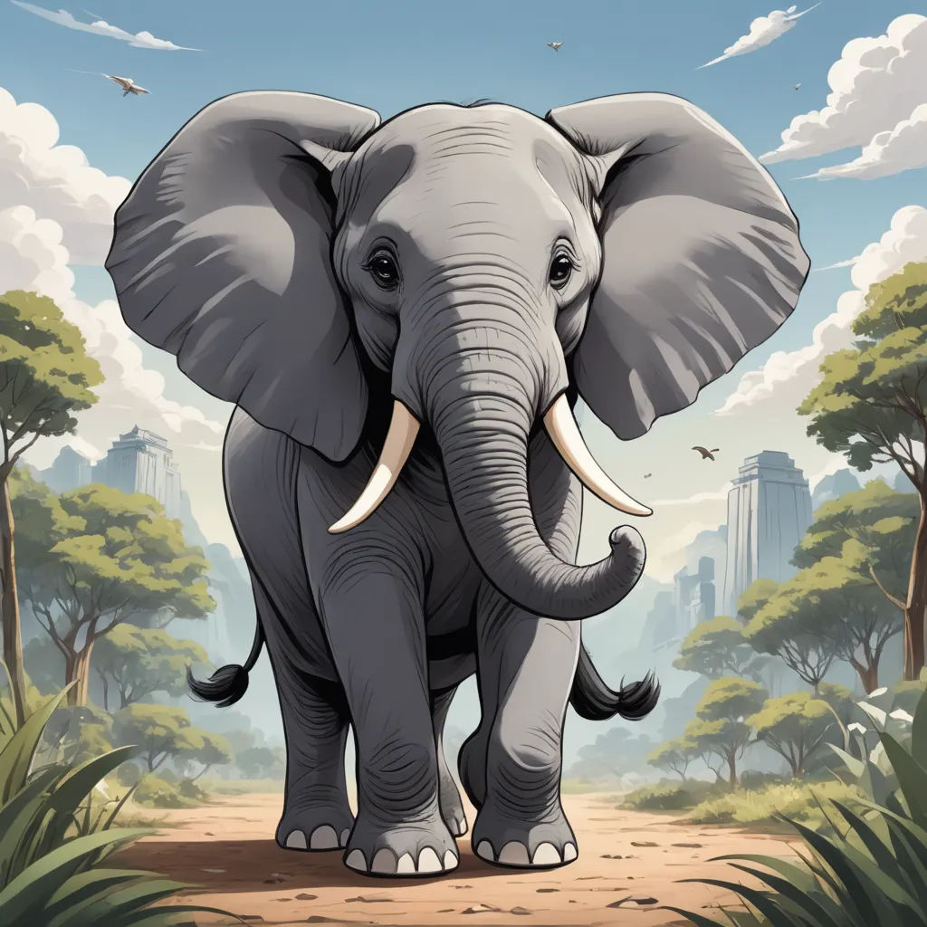 a cartoon elephant standing in a jungle with a city in the background and trees and bushes around it,, sumatraism, a storybook illustration, Chris LaBrooy, 2 d game art