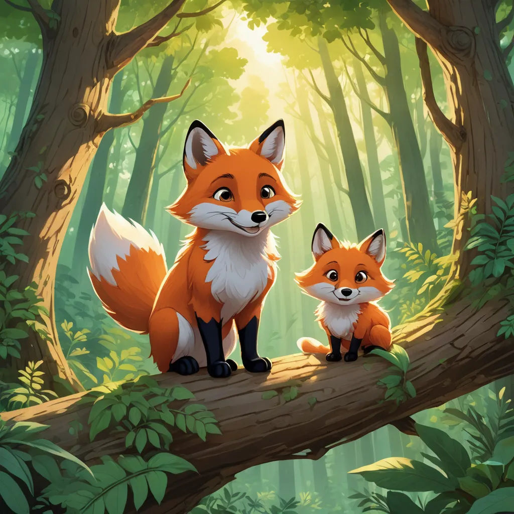 a couple of foxes sitting on top of a tree branch in a forest with green leaves and a sun shining through the trees, furry art, a storybook illustration, Brothers Hildebrandt, official art
