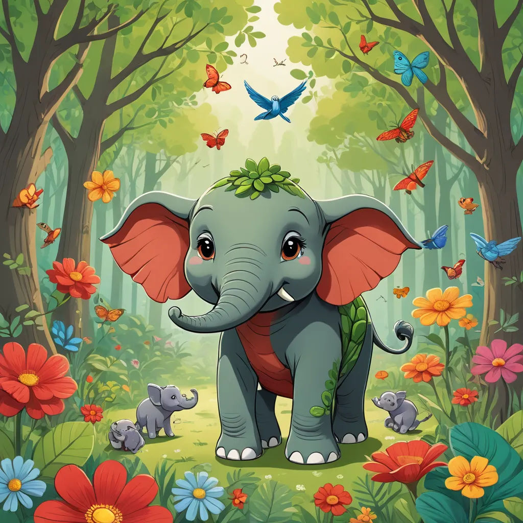 a cartoon elephant with a bunch of flowers around it's neck and a bird flying above it, in a forest, fantasy art, a storybook illustration, Chris LaBrooy, storybook illustration