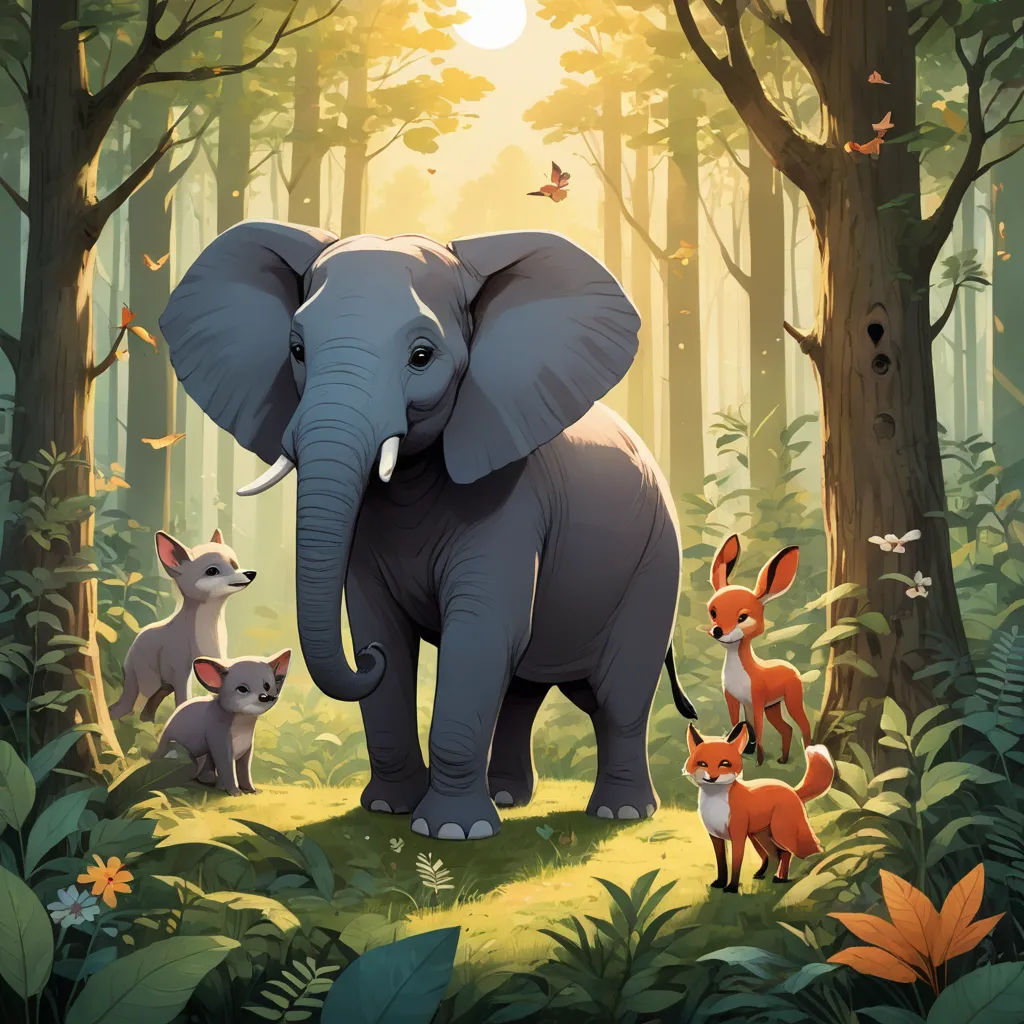 an elephant and two baby animals in a forest with trees and flowers on the ground and a sun shining through the trees, furry art, a storybook illustration, Chris LaBrooy, promotional image