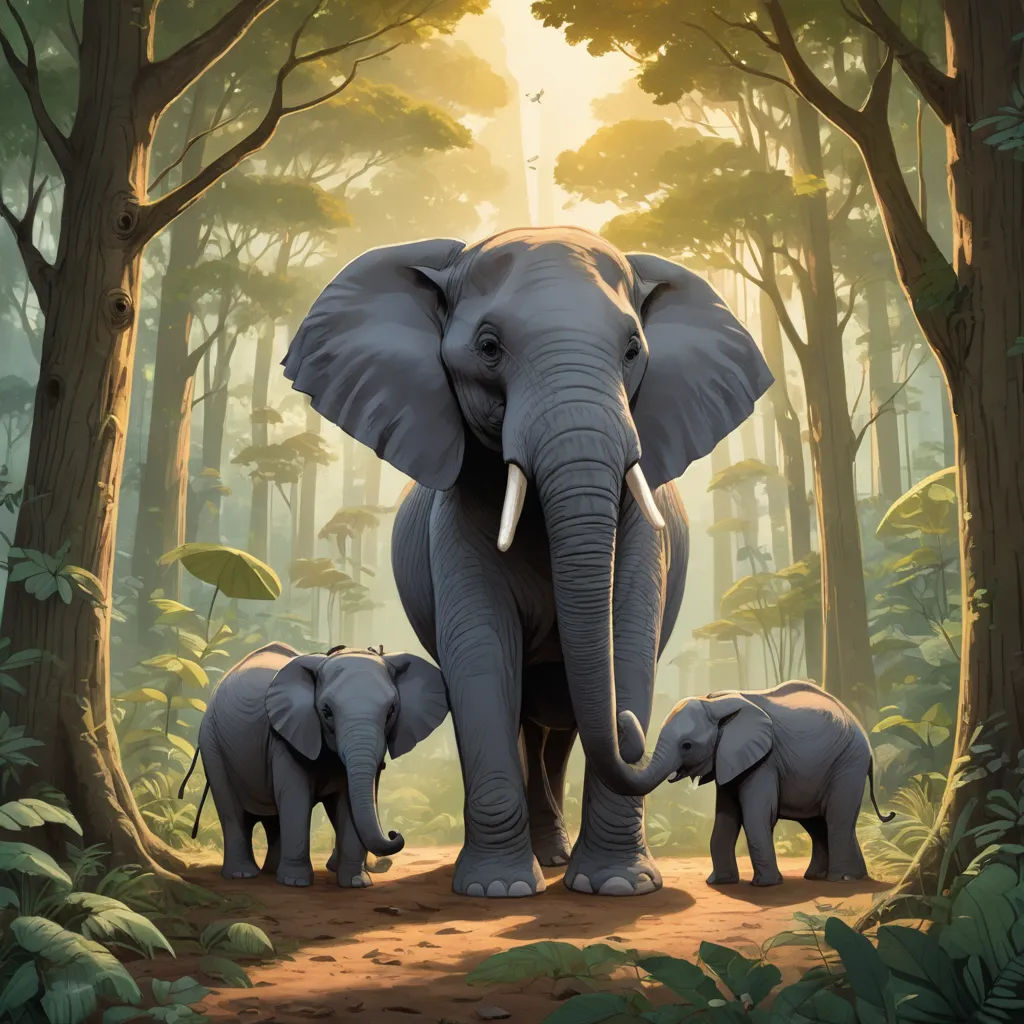 a family of elephants walking through a forest with trees and leaves on the ground, with the baby elephant standing between them, sumatraism, a storybook illustration, Chris LaBrooy, highly detailed digital painting