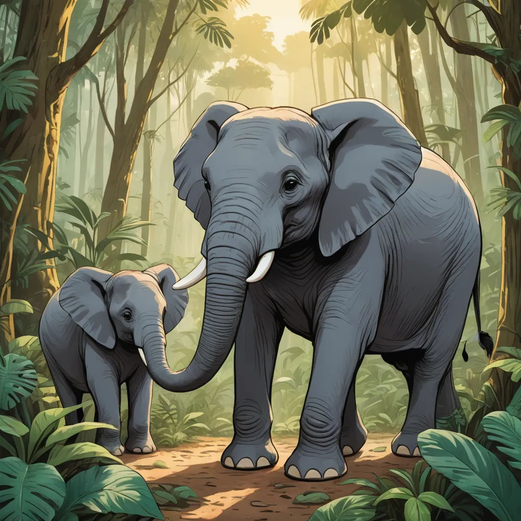 a couple of elephants standing in the middle of a forest with trees and plants around them and a baby elephant, sumatraism, a storybook illustration, Amédée Ozenfant, storybook illustration