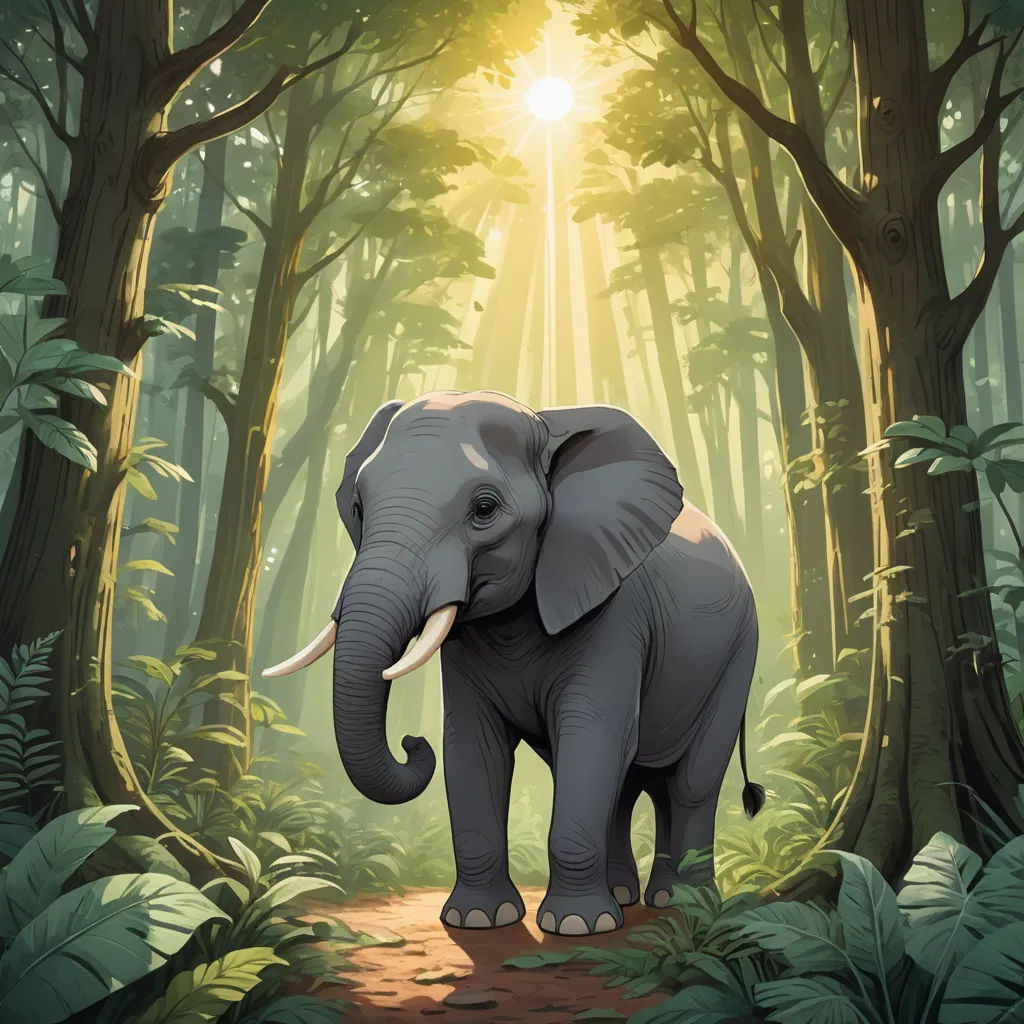 an elephant is walking through a forest with sunlight shining through the trees and leaves on the ground and on the ground, sumatraism, a storybook illustration, Chris LaBrooy, official art