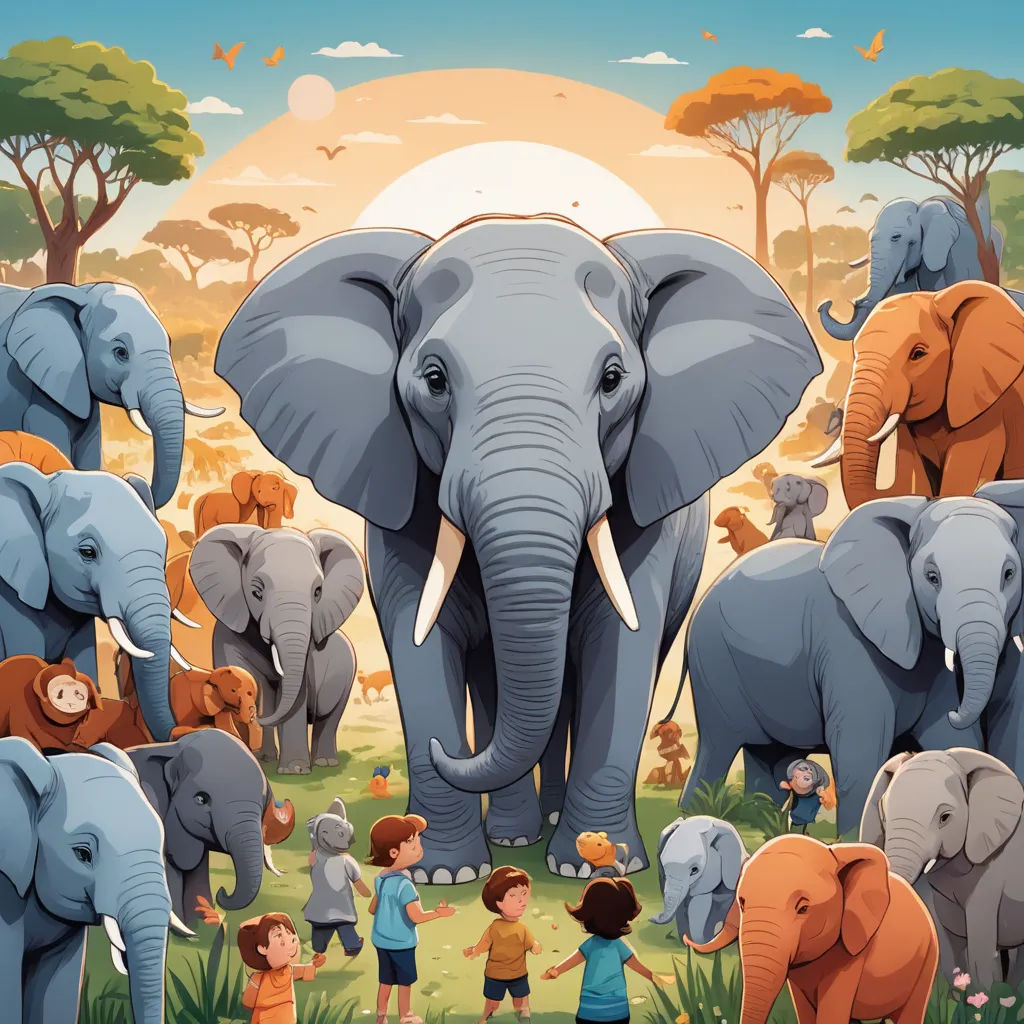 a group of elephants standing in a field with a boy and girl standing next to them and a group of other elephants, sumatraism, a storybook illustration, Chris LaBrooy, highly detailed digital painting