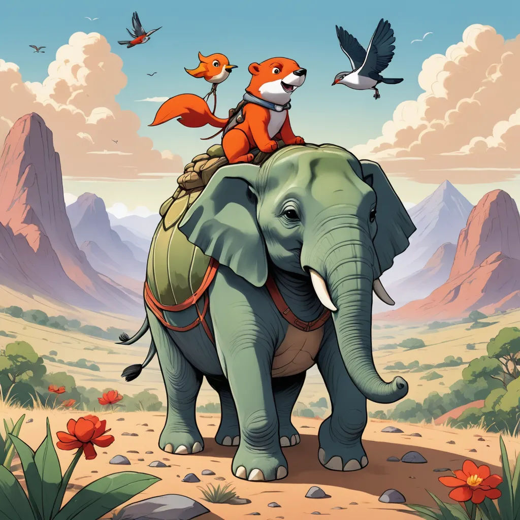 a cartoon of a fox riding on the back of an elephant in a desert landscape with mountains and birds, furry art, a storybook illustration, Chris LaBrooy, comic cover art