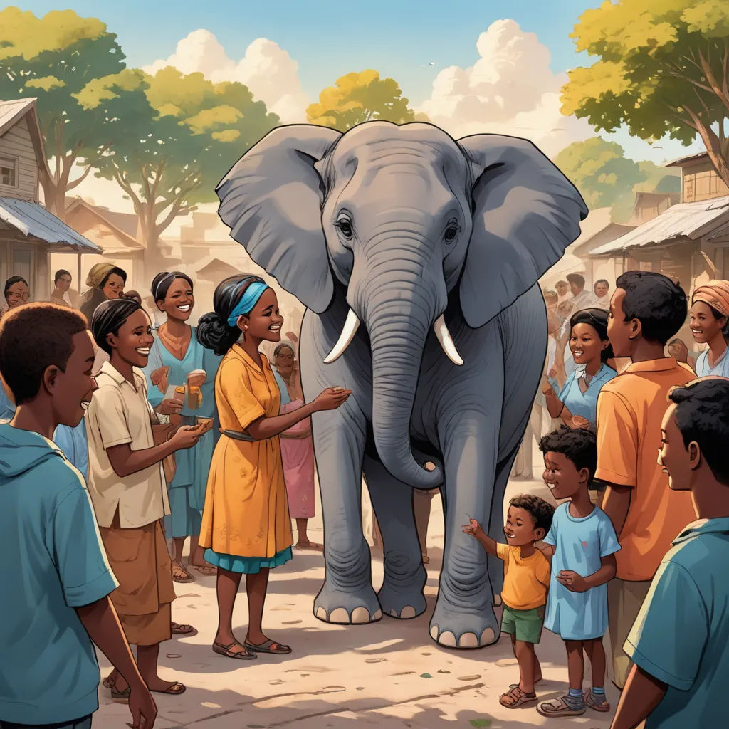 a painting of a group of people standing around a elephant with a woman standing next to it and a man standing next to the elephant, magical realism, a storybook illustration, Chris LaBrooy, storybook illustration