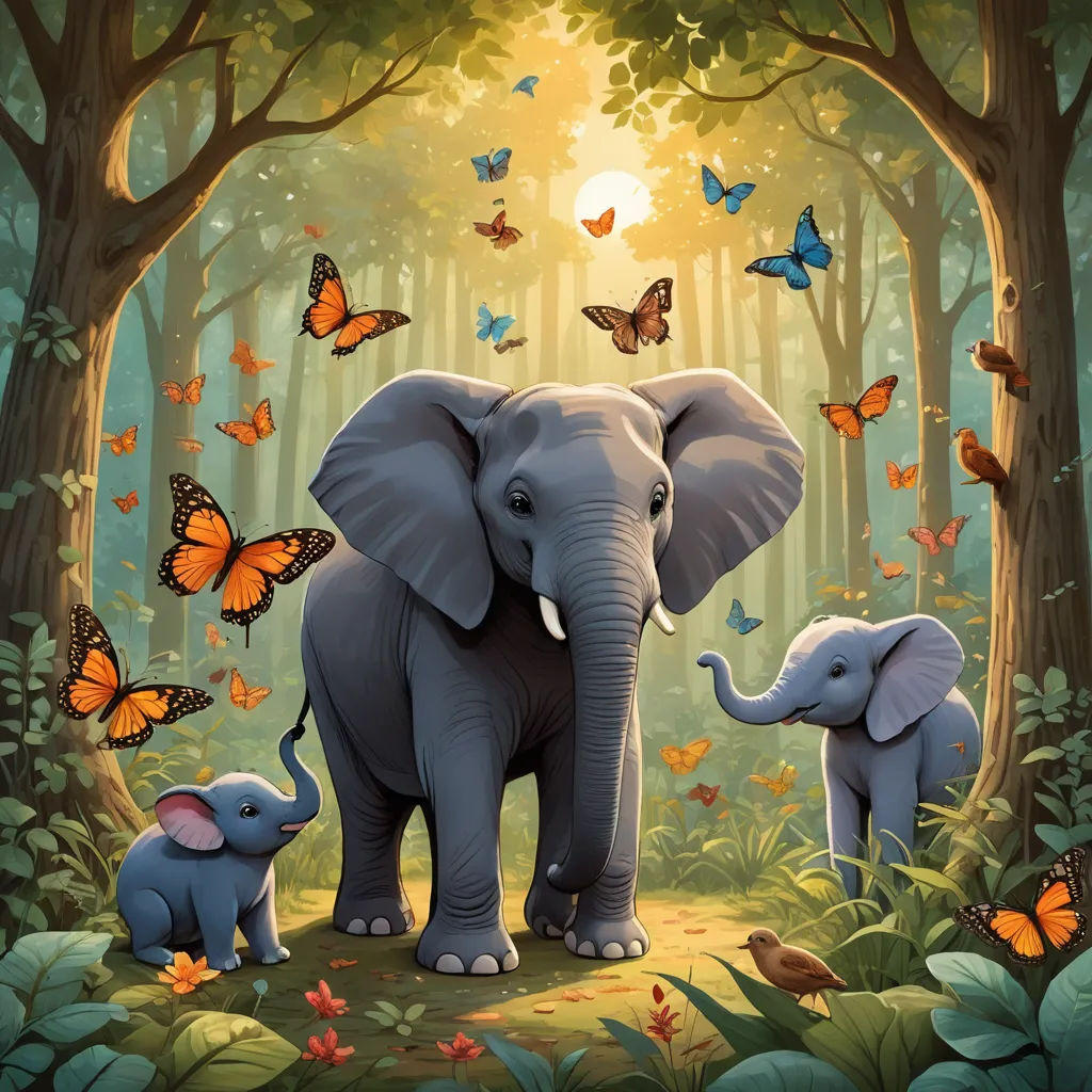 a painting of an elephant and its baby in a forest with butterflies flying around it and a sun shining through the trees, magical realism, a storybook illustration, Chris LaBrooy, storybook illustration