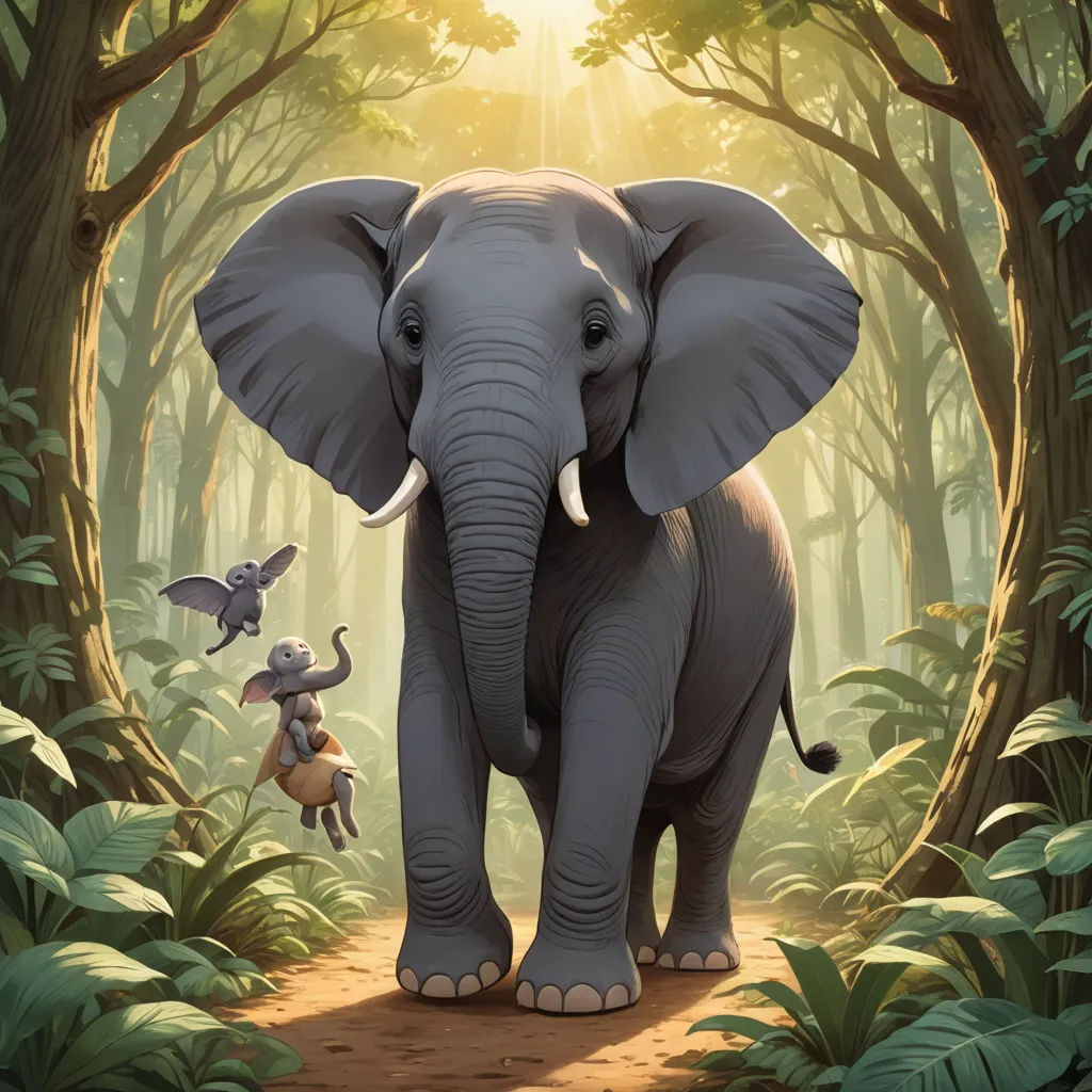 an elephant and a bird are in the forest together, with a sunbeam in the background and a forest scene with trees and leaves, fantasy art, a storybook illustration, Chris LaBrooy, storybook illustration