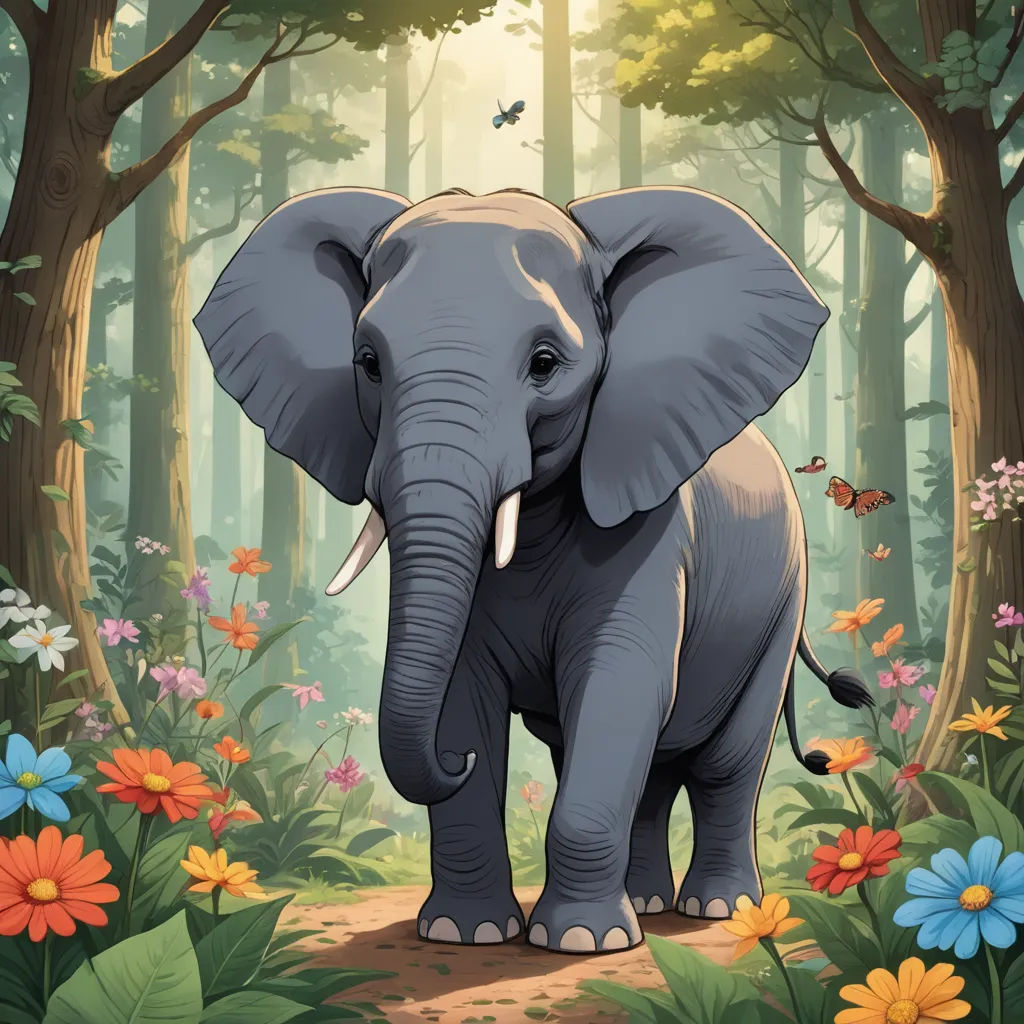 a large elephant standing in a forest with flowers and butterflies around it's feet and a butterfly flying above it, naturalism, a storybook illustration, Chris LaBrooy, official art
