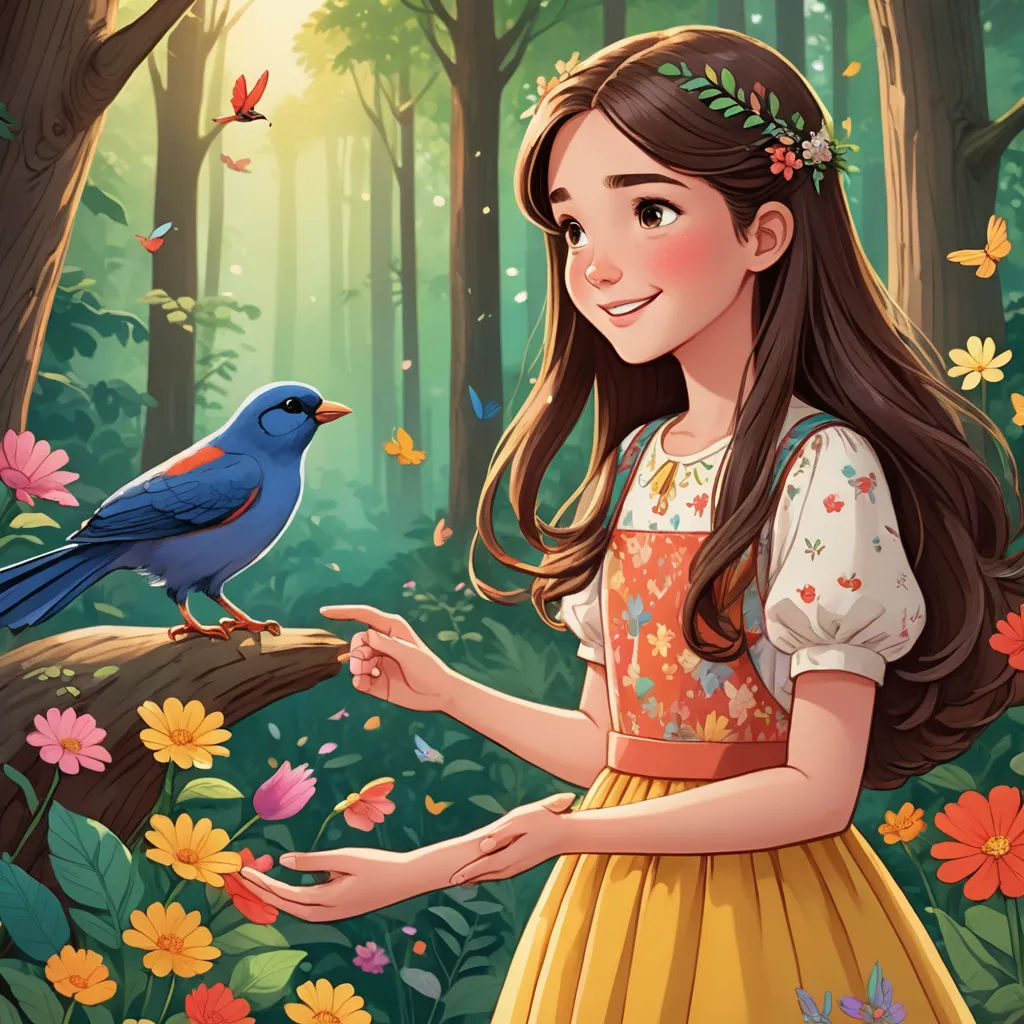 a girl in a yellow dress is holding a bird in a forest with flowers and butterflies around her and a bird on a branch, fantasy art, a storybook illustration, Alice Prin, storybook illustration