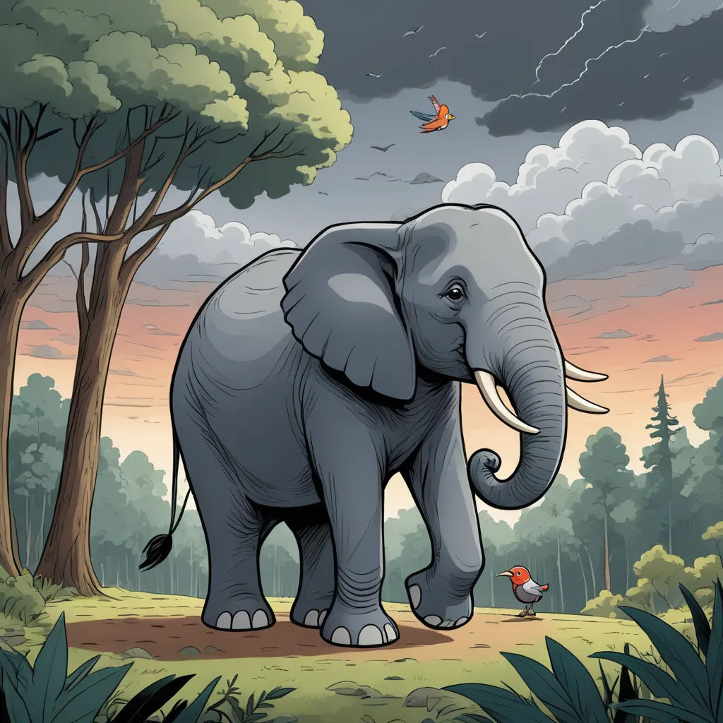 a cartoon elephant walking in a forest with a bird flying above it and a tree with a bird on it, naturalism, a storybook illustration, Chris LaBrooy, storybook illustration
