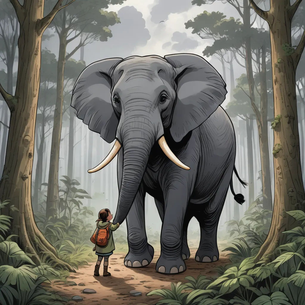 a person standing next to an elephant in a forest with trees and bushes on either side of the elephant, magical realism, a storybook illustration, Diego Gisbert Llorens, storybook illustration