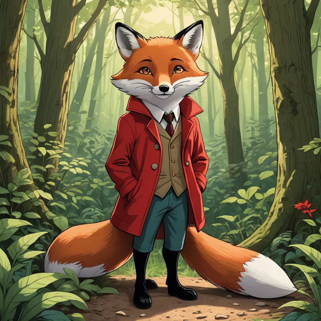 a fox in a red coat standing in a forest with a red flower in its mouth and a red jacket on, furry art, a character portrait, Aaron Jasinski, official art