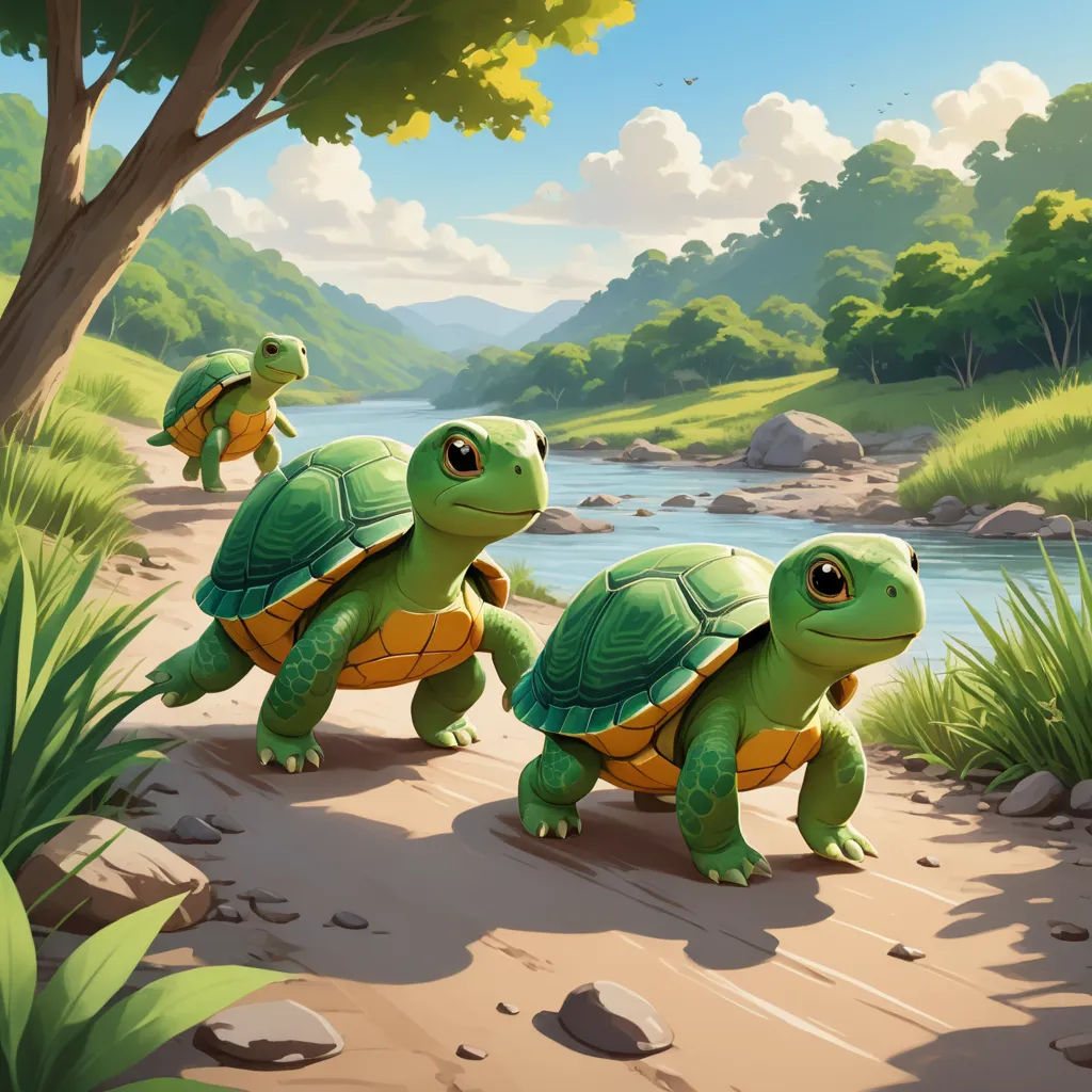 a group of turtles walking across a river next to a forest filled with trees and grass on a sunny day, sots art, a digital painting, Chris LaBrooy, professional digital painting