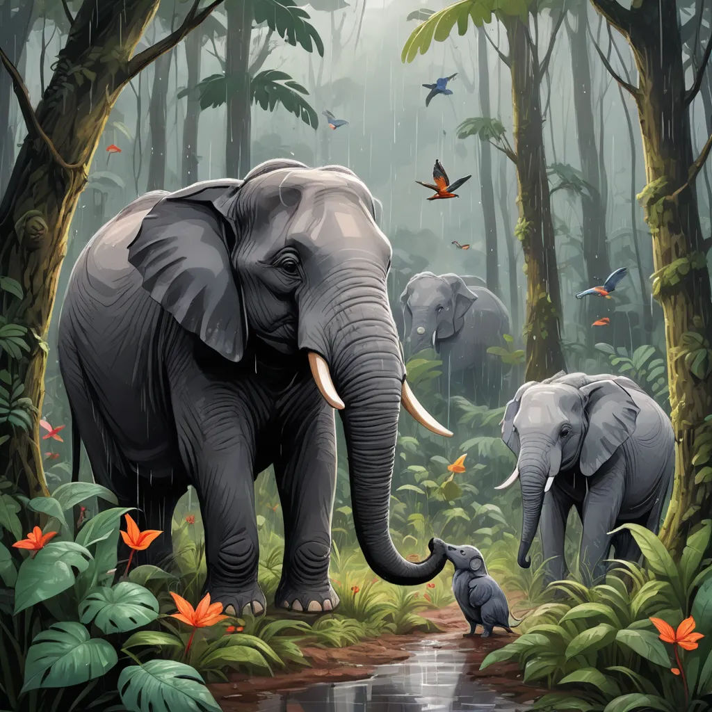 a painting of an elephant and its baby in a jungle setting with butterflies flying around the trees and water, sumatraism, a storybook illustration, Chris LaBrooy, highly detailed digital painting