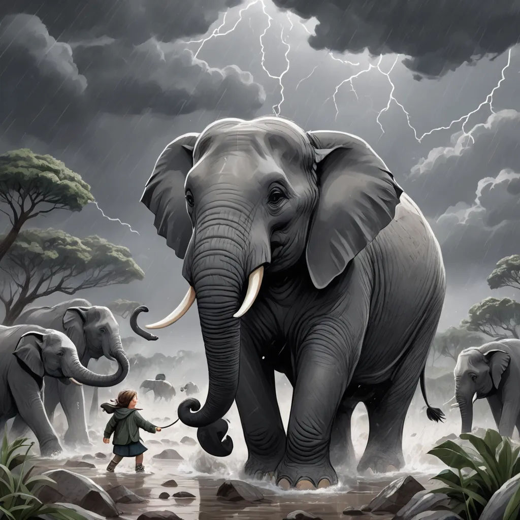 a painting of a woman and elephants in the rain with a storm behind them and a person standing in the water, pop surrealism, a storybook illustration, Cyril Rolando, highly detailed digital painting
