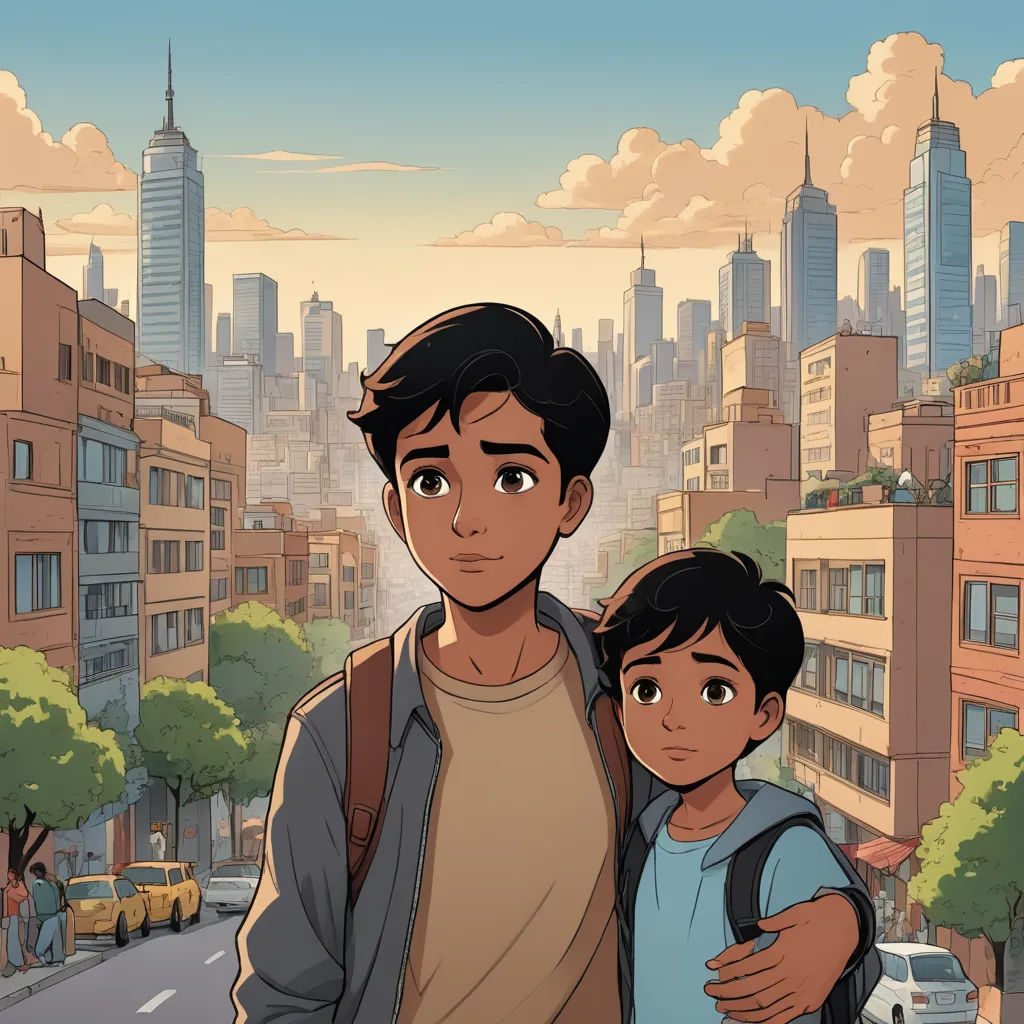 a man and a boy standing in front of a cityscape with tall buildings and a cloudy sky, hurufiyya, a comic book panel, Altichiero, graphic novel
