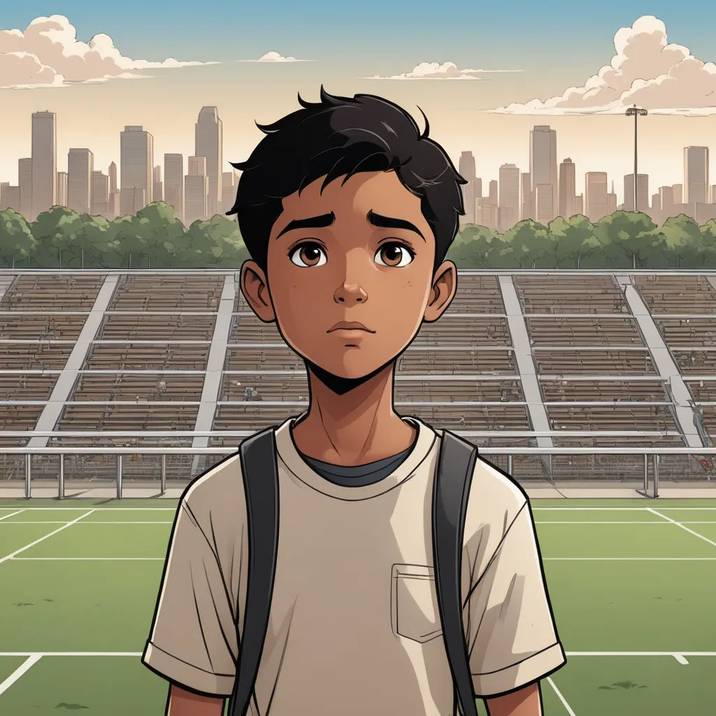 a boy with a backpack standing in front of a tennis court with a city in the background and a tennis court with a tennis court in the foreground, vancouver school, a comic book panel, Everett Warner, graphic novel