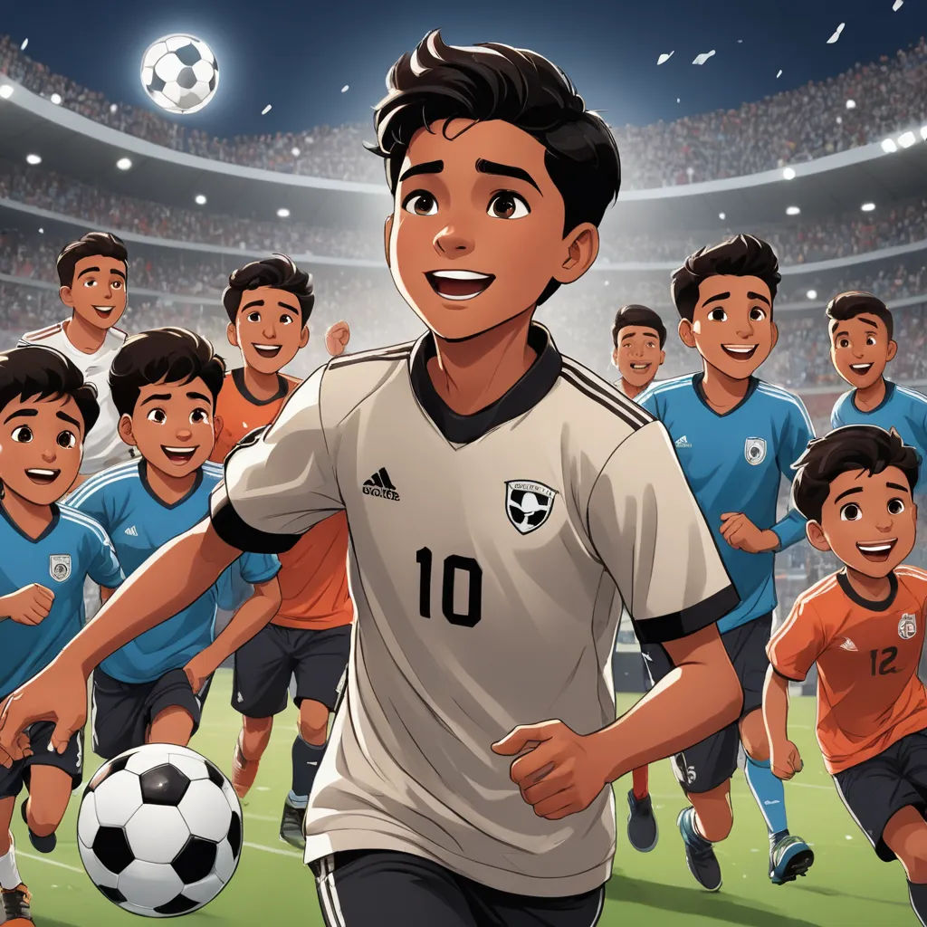 a cartoon of a soccer player with a group of other players behind him in a stadium with a ball, dau-al-set, a storybook illustration, Fathi Hassan, graphic novel