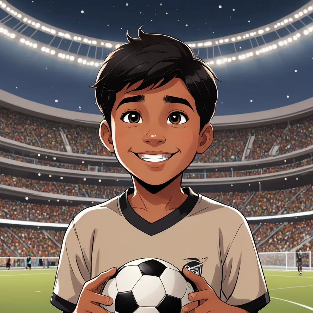a cartoon boy holding a soccer ball in a stadium with a stadium full of people in the background and a stadium full of people, lyco art, a comic book panel, Fathi Hassan, comic cover art