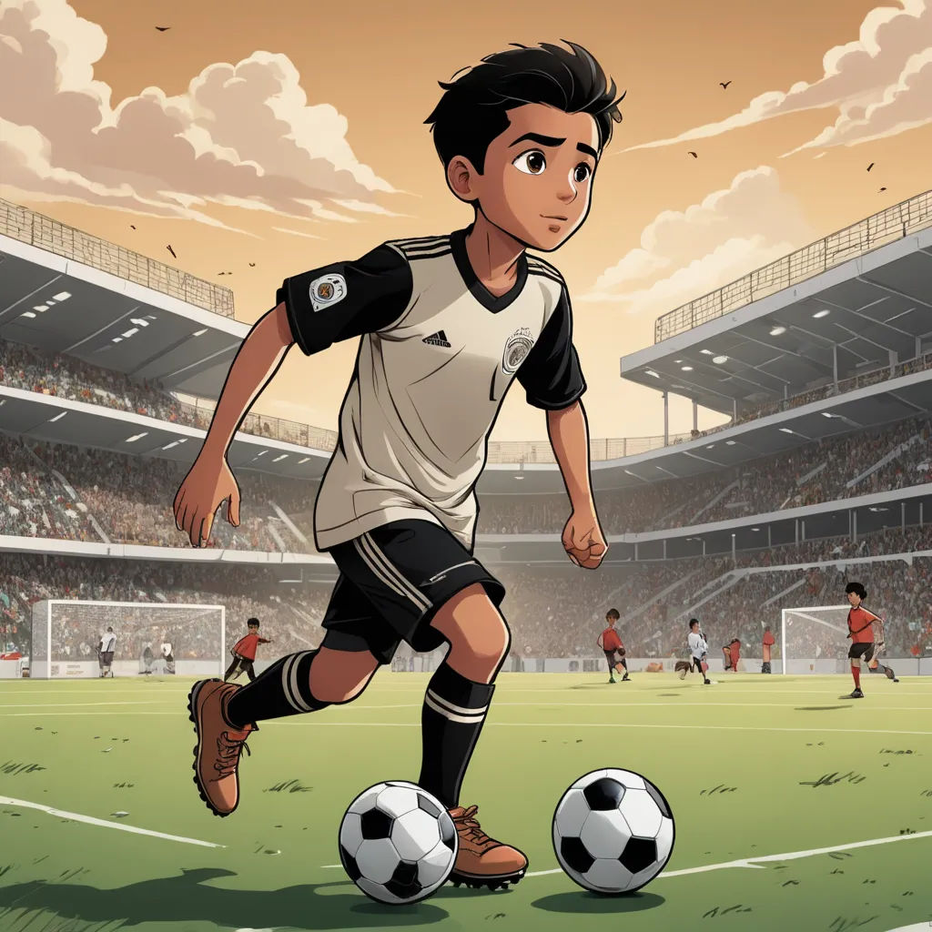 a cartoon of a soccer player running with a ball in a stadium with people watching from the stands and a stadium full of people, fantastic realism, a comic book panel, Asaf Hanuka, graphic novel