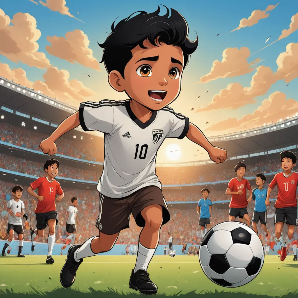 a cartoon boy running with a soccer ball in front of him and a crowd of people watching him on a soccer field, dau-al-set, a comic book panel, Fathi Hassan, official art