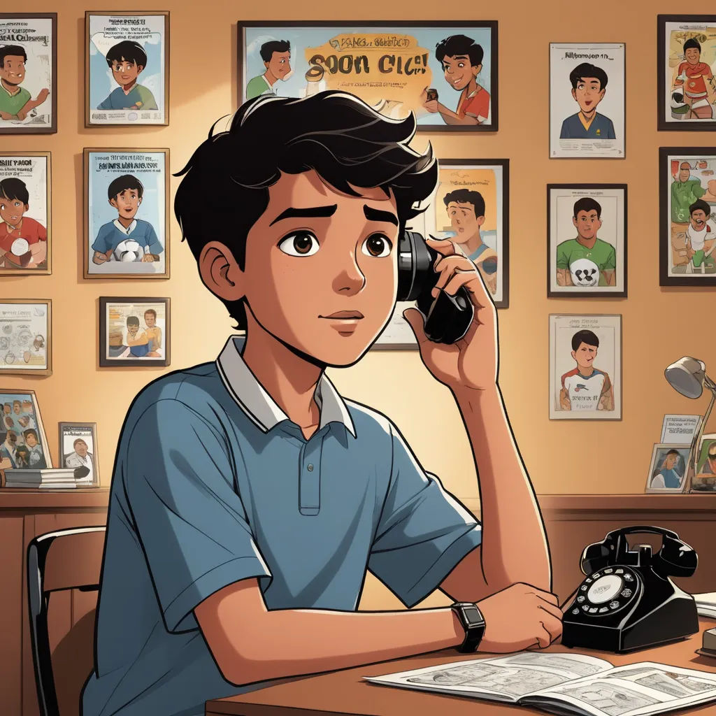 a man sitting at a desk talking on a phone with a phone in his hand and a bunch of pictures on the wall behind him, serial art, a comic book panel, Eddie Mendoza, graphic novel
