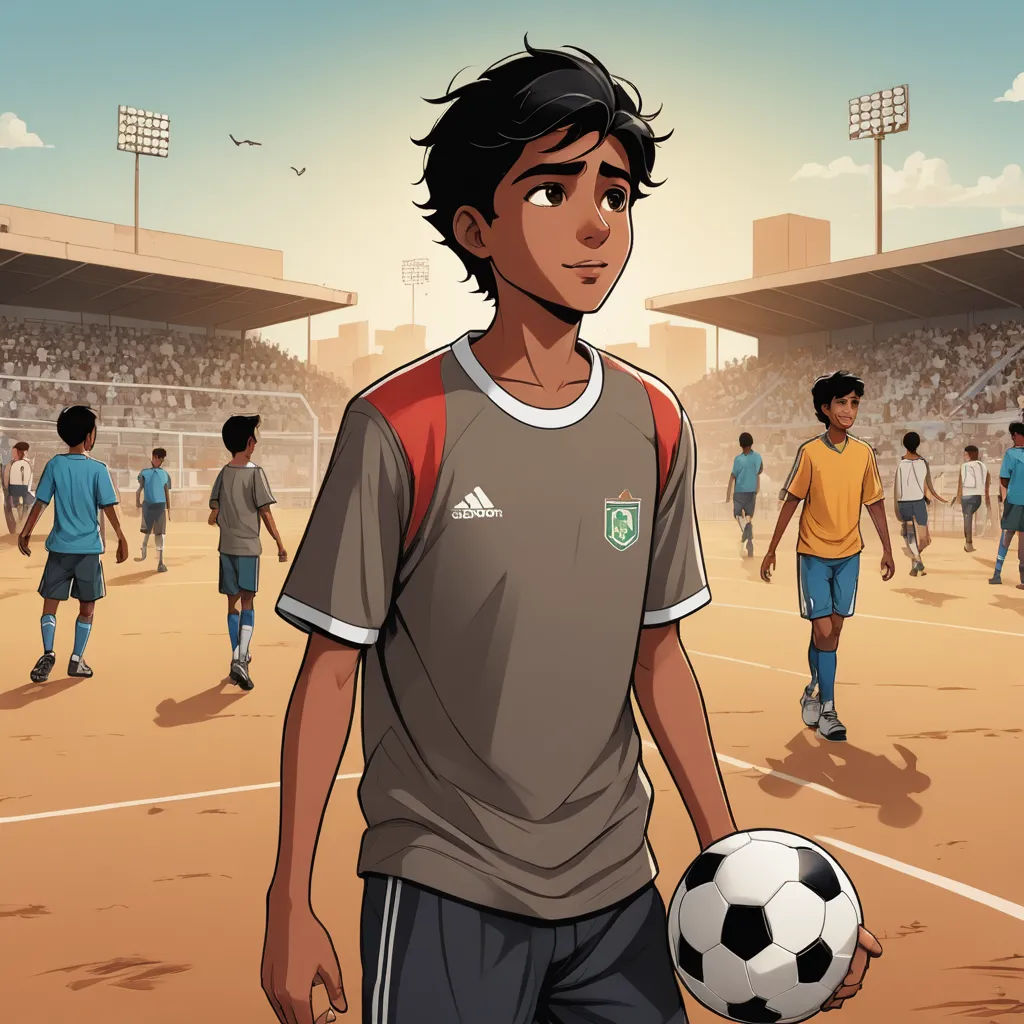 a cartoon of a boy holding a soccer ball in a stadium with other players in the background and a stadium, hurufiyya, a storybook illustration, Fathi Hassan, graphic novel