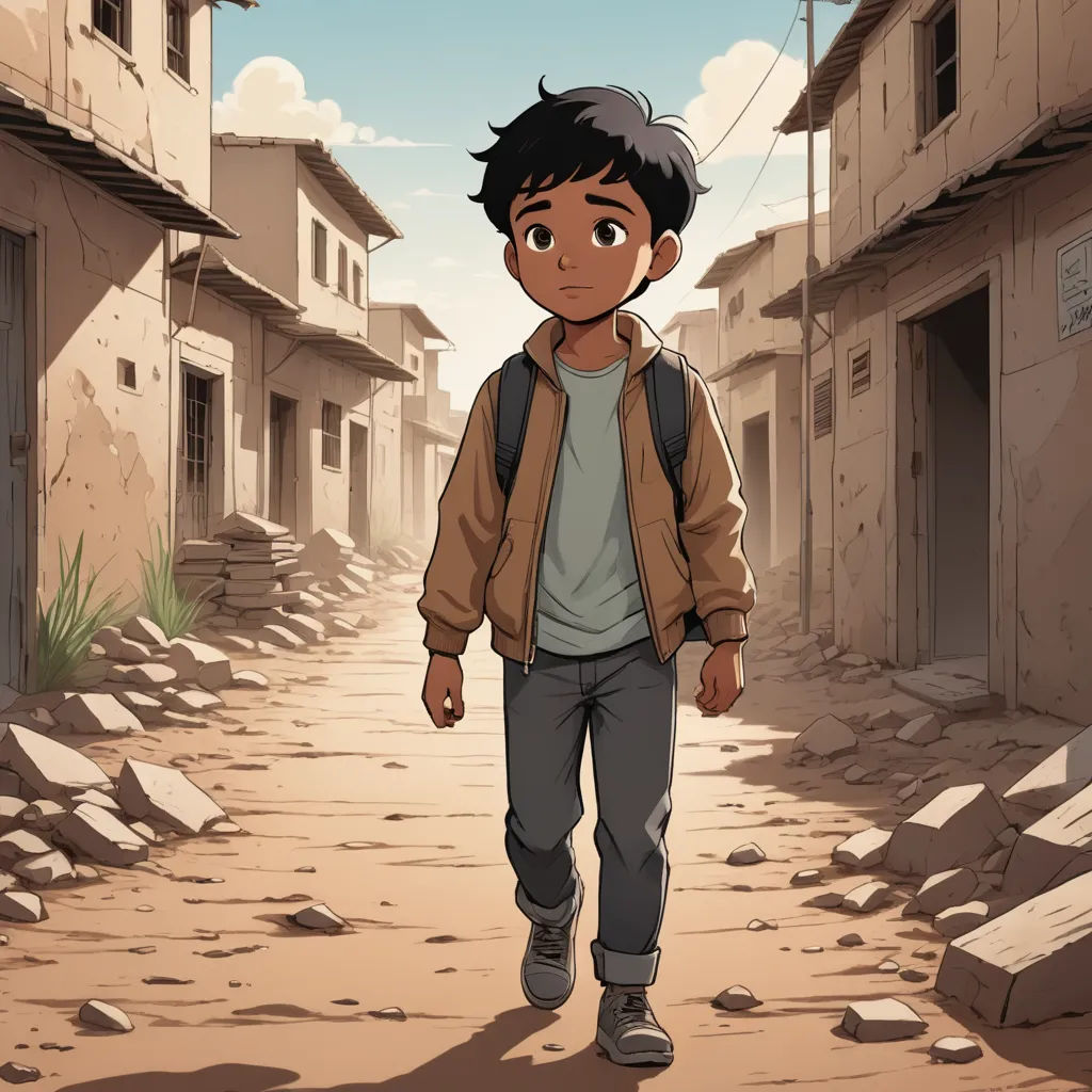 a boy walking down a street in a village with a backpack on his back and a backpack on his shoulder, serial art, a comic book panel, Asaf Hanuka, official art
