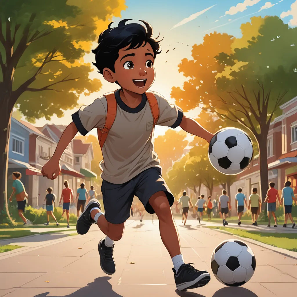 a boy is running with a soccer ball in his hand and a crowd of people are walking around him, american scene painting, a storybook illustration, Alejandro Burdisio, comic cover art