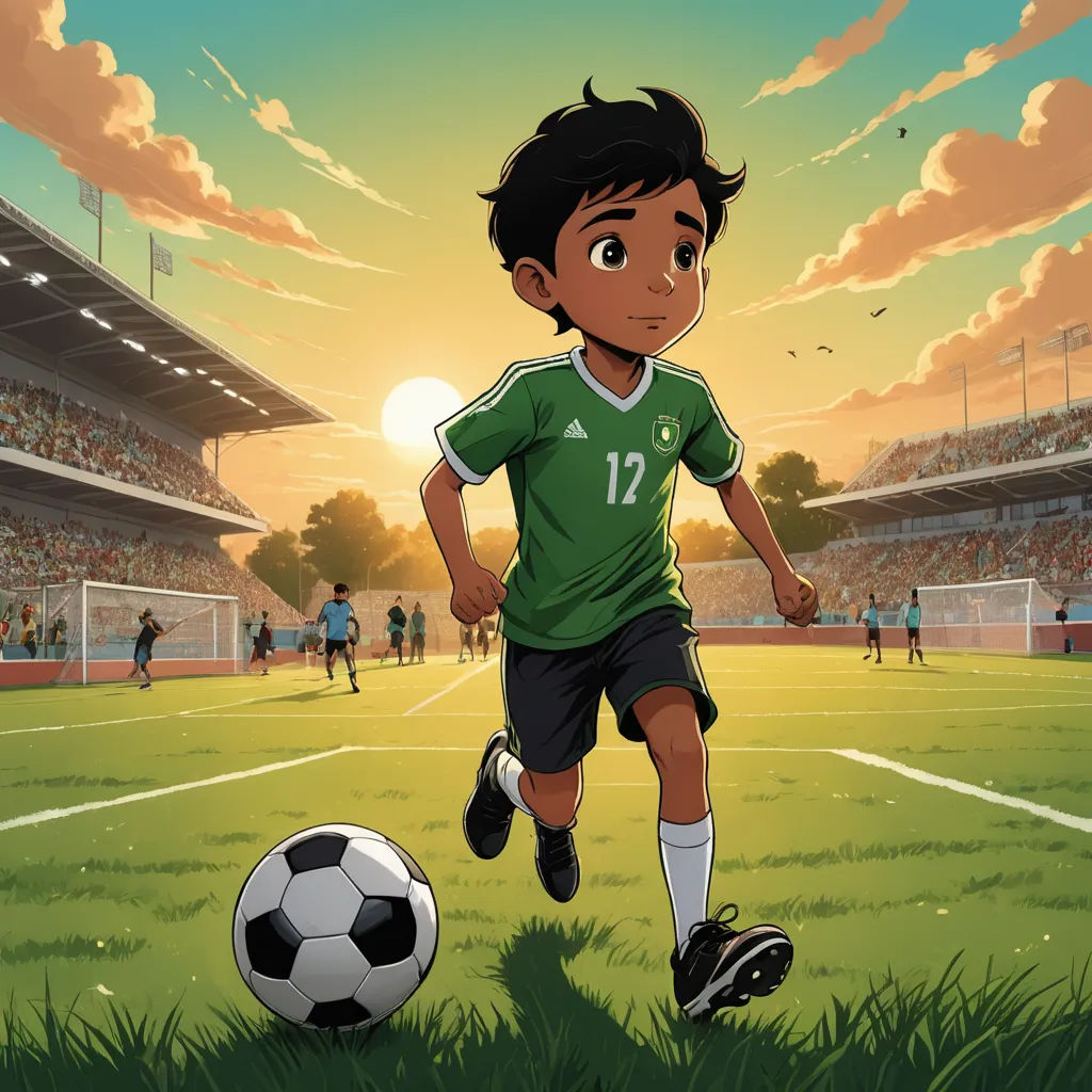 a cartoon boy running towards a soccer ball on a field of grass with a stadium in the background and a sun setting, magical realism, a storybook illustration, Eddie Mendoza, graphic novel