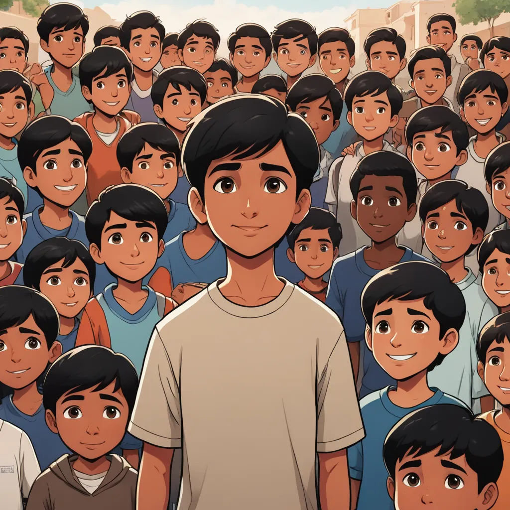 a man standing in front of a large group of people in a cartoon style, with a white shirt on, hurufiyya, a storybook illustration, Amir Zand, graphic novel
