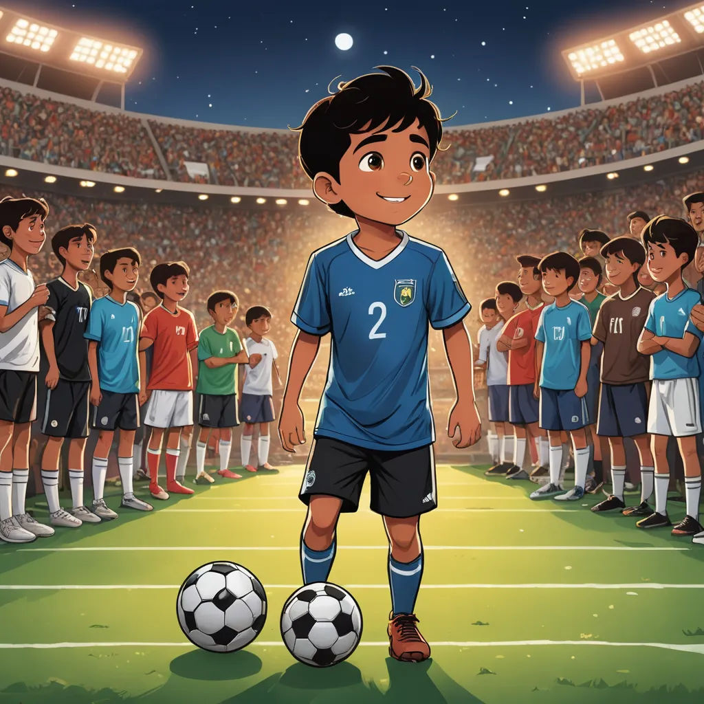 a cartoon boy standing in front of a soccer ball in a stadium with a crowd of people watching him, magical realism, a storybook illustration, Emiliano Ponzi, official art
