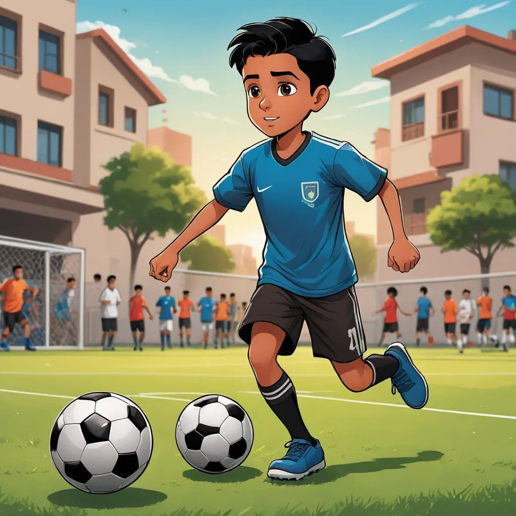 a boy in a blue shirt is kicking a soccer ball on a field with a group of people in the background, quito school, a storybook illustration, Fathi Hassan, graphic novel