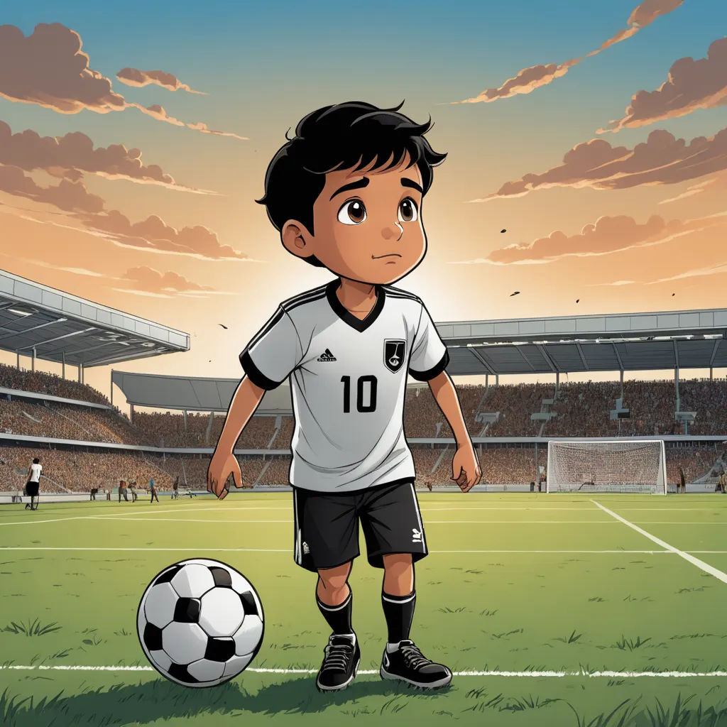 a cartoon boy in a soccer uniform standing in front of a soccer ball on a field of a stadium, dau-al-set, a storybook illustration, Fathi Hassan, graphic novel